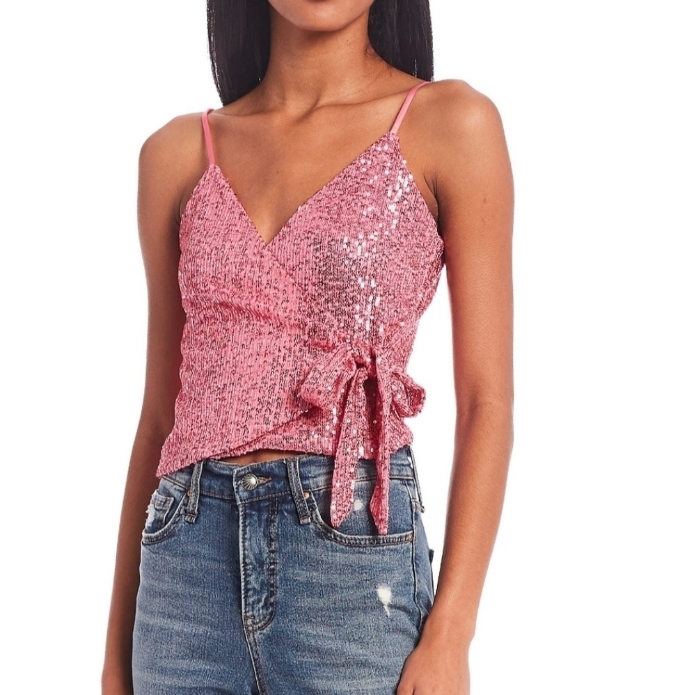 Lily Star Sparkly Pink Sequin Side Tie Wrap Top Party Festive Coquette Barbie